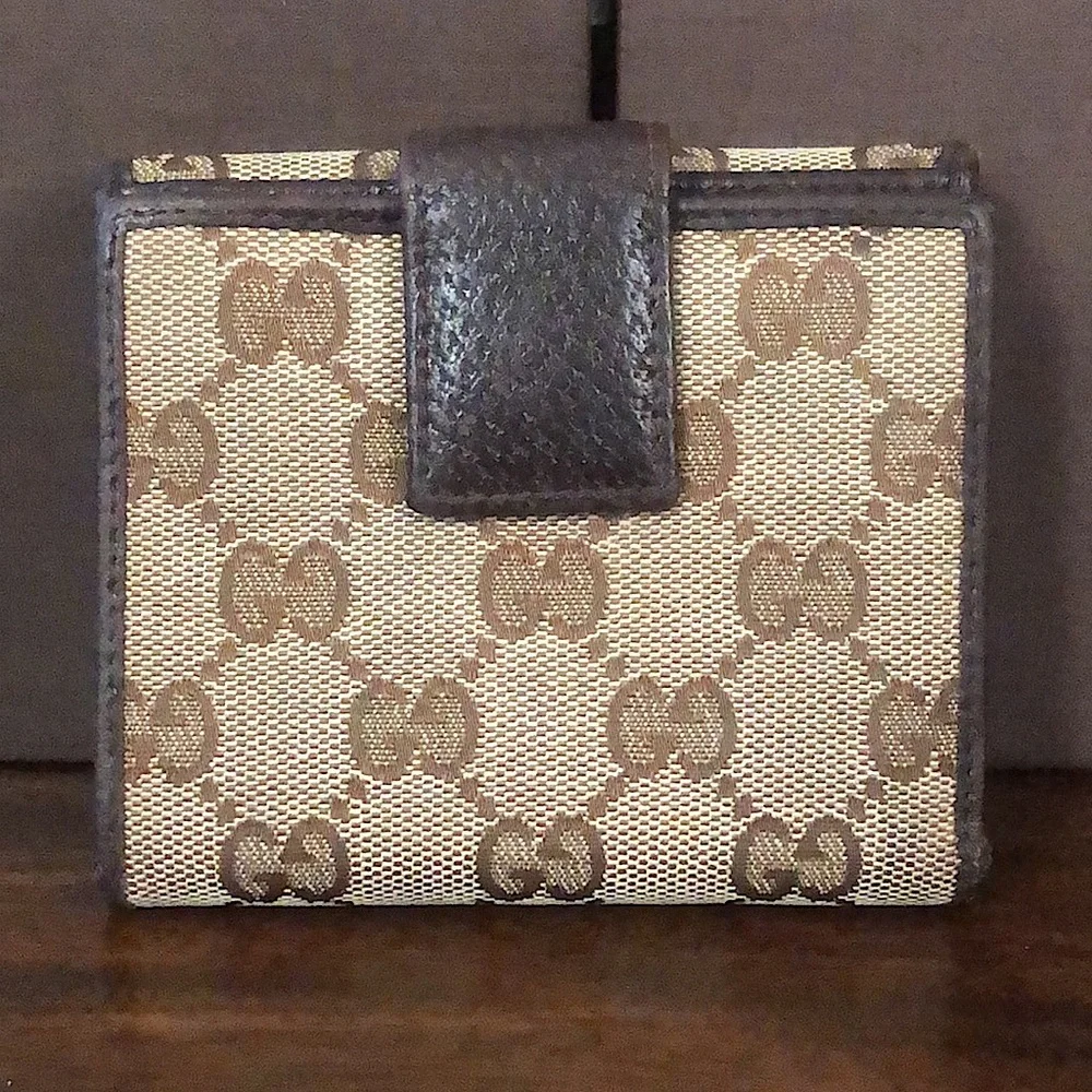 GUCCI GG Web Monogram Brown Leather Tan Canvas Trifold Wallet